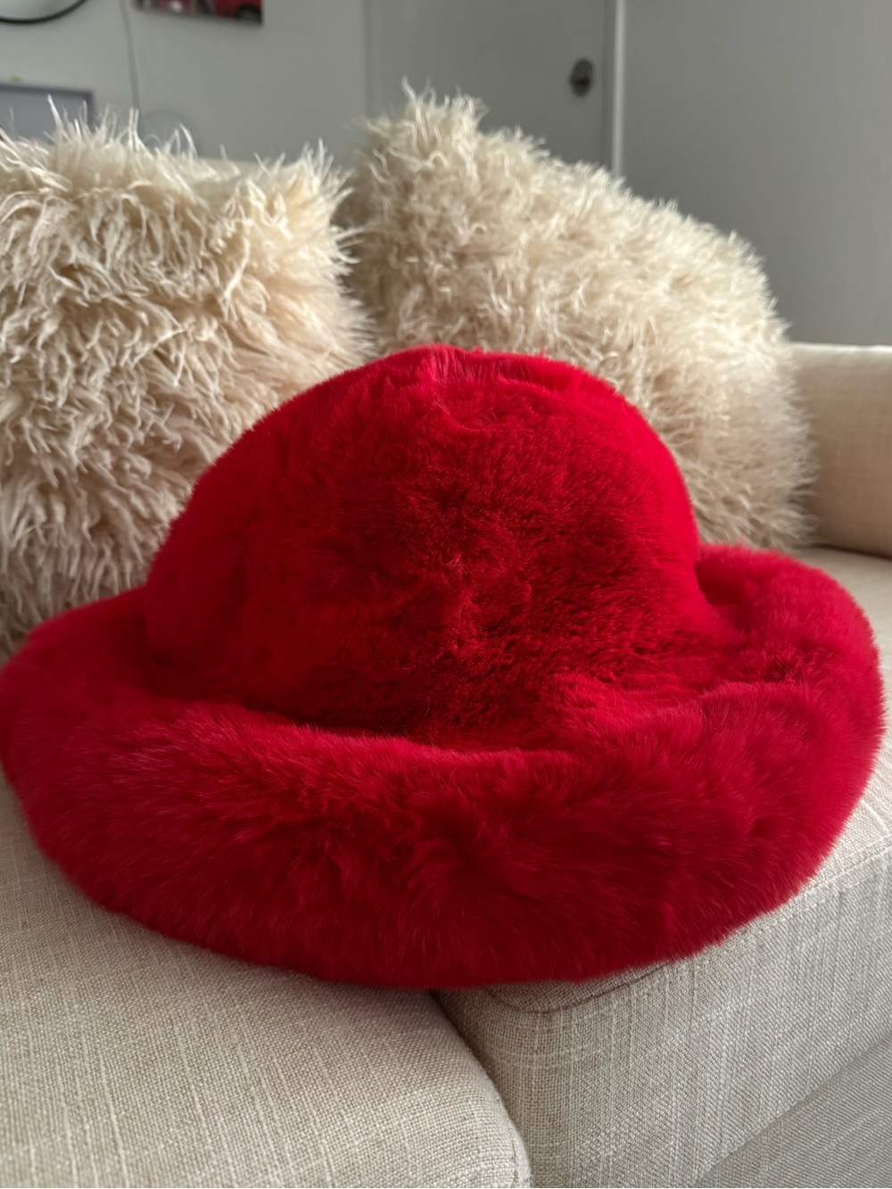 Red Faux Fur Bucket Hat
